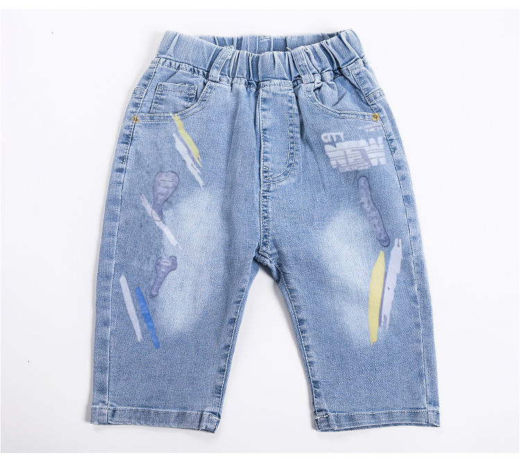 Chàng trai denim quần short mùa hè 3-15 tuổi cậu bé quần lăm lỏng mỏng bông đạn 7 phút trong cậu bé lớn Bảy quần