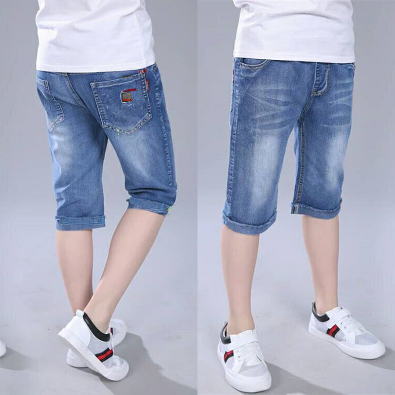 Chàng trai denim quần short mùa hè 3-15 tuổi cậu bé quần lăm lỏng mỏng bông đạn 7 phút trong cậu bé lớn Bảy quần