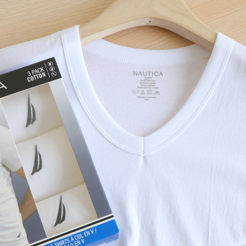 2 pieces nautica American light thin pure cotton T-shirt white V collar loose Euro code home lingerie original single man's shirt