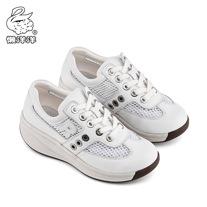 Lazy women's shoes summer soft-soled leather mesh sneakers thick-soled high-heeled breathable sweat-absorbing shock-absorbing single shoes fly