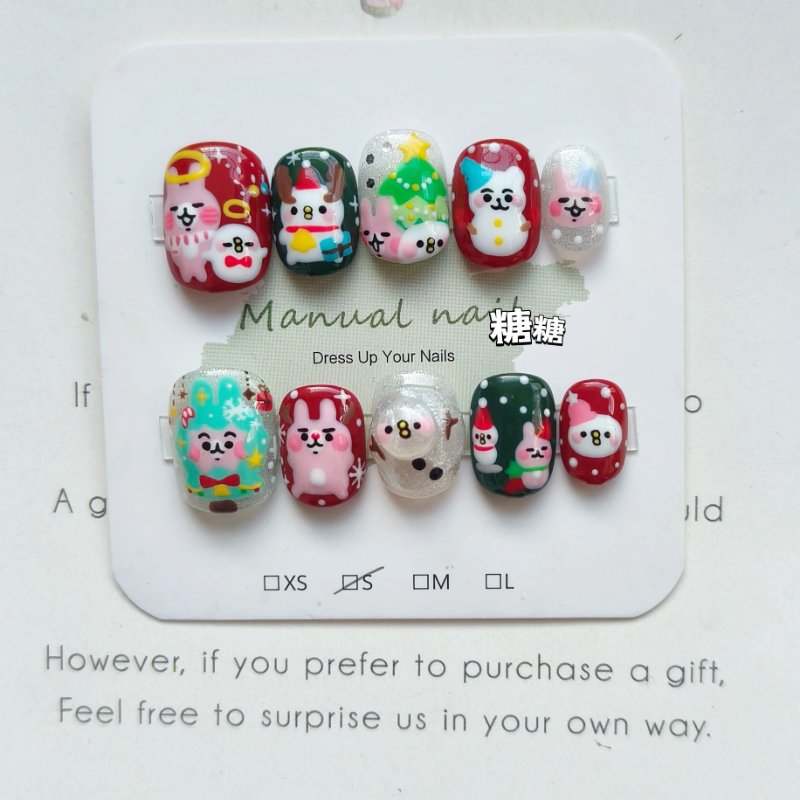 【Tangtang Pure Handmade】Short Press-On Nails, Hand-Painted Pink Bunny, Christmas Holiday Style