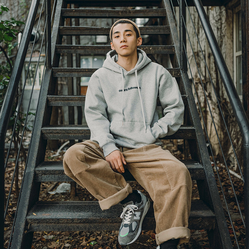 BDCT Japanese gray sweater male hooded 2021 spring and autumn trend youth loose plus velvet print pullover hoodie