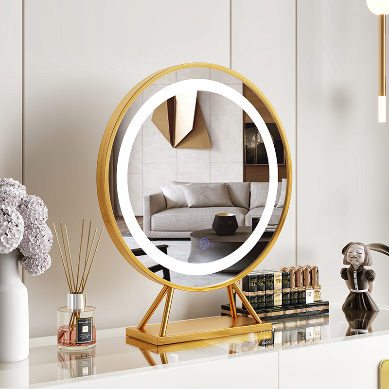 Nordic makeup mirror Round decorative mirror ins net Red desktop seat mirror Princess mirror LED light mirror makeup mirror 052