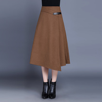 Caramel A- line dress skirt womens woolen long autumn and winter New skirt Curry color cover belly skirt