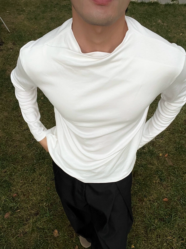 Sanlang High-End Solid Color Irregular Design Double-Layer Collar Long-Sleeved T-Shirt for Men and Women Loose Casual Base Layer Top