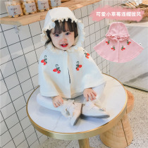 Autumn and winter thick velvet baby girl princess hooded cloak baby strawberry embroidered 0-3 years old going out hooded cloak anti-