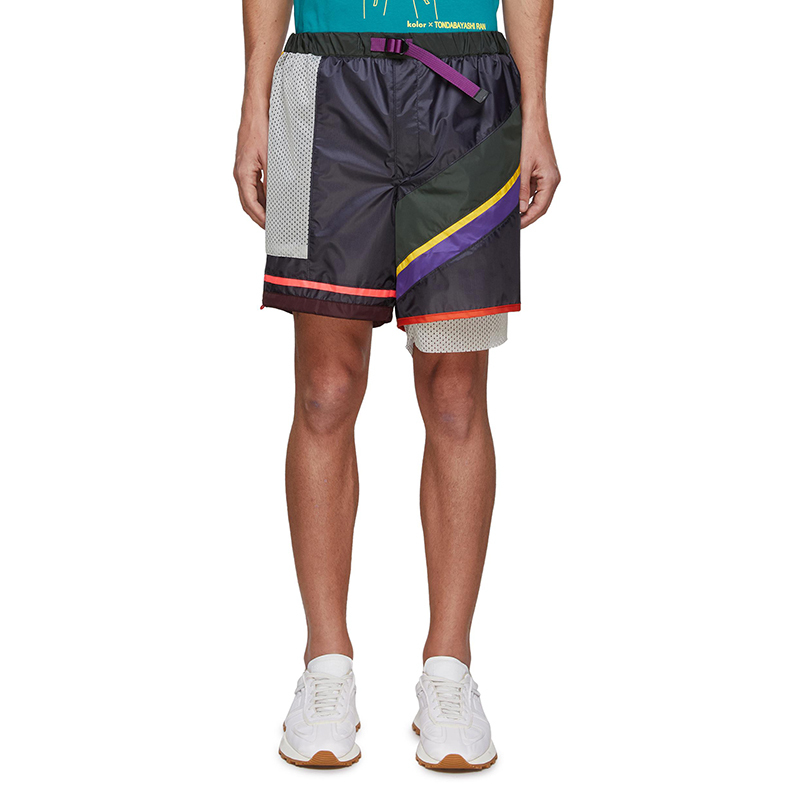 Abu Junichi Kolor Dark Blue Layered Color-Blocked Elastic Waist Casual Sports Shorts, Unisex for Summer
