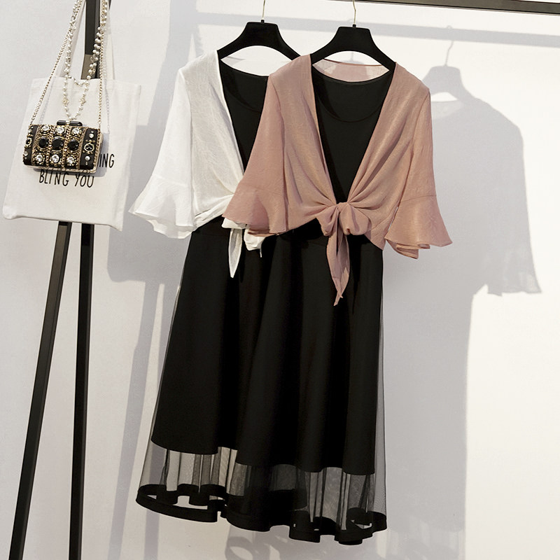 (Qiao Meixi) 2021 Summer clothes New large size Size Slim Mesh Yarn Splicing Pregnant Woman Foreign Dress Snow Spinning Shawl Two Sets