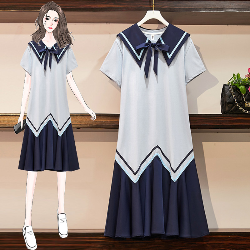 (Qiao Meixi) Large size women's dress Summer Advanced Sensation Pure Cotton Splicing Medium long version Thin Veil for Pregnant Woman Foreign Dress