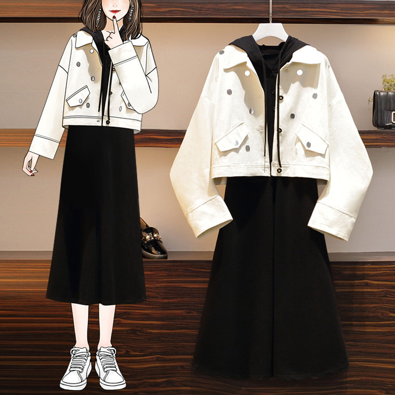 Jo Meixi 2021 Spring and Autumn Grand Sizes White Cowboy Jacket with Hood Pregnant Women's Clothing Two Style Foreign Dress