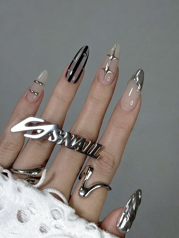 Sweet and Cool Handmade Wearable Nails, Medium-Length Manicure with a High-End Feel, ins Starburst Silver Magic Mirror Powder, Hot Girl European and American Style Sweet and Cool Handmade Wearable Nails, Medium-Length Manicure with a High-End Feel, ins Starburst Silver Magic Mirror Powder, Hot Girl European and American Style