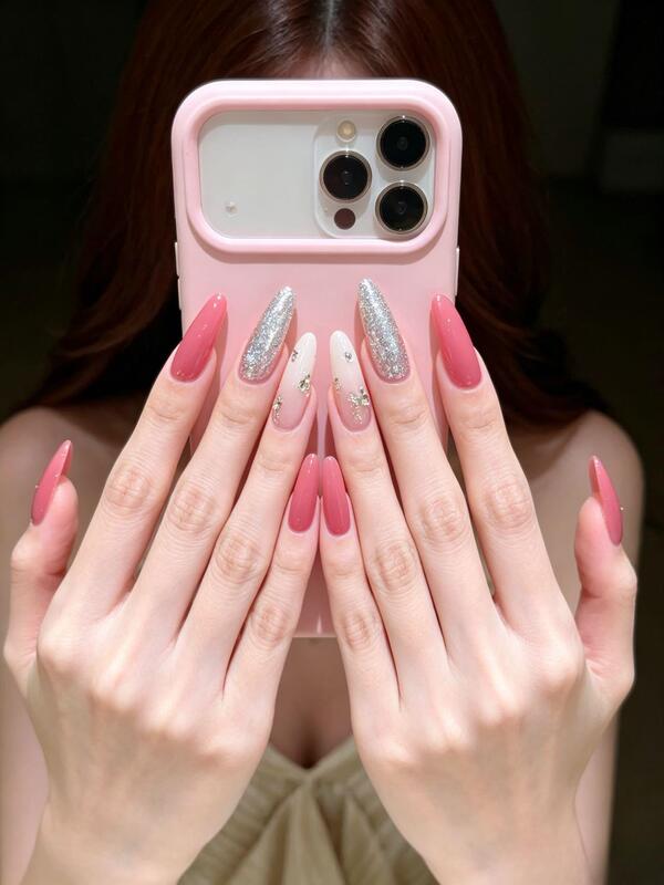 【Rina Nagasaka】Handmade Wearable Nails, Gentle Rose Pink, Brightening, Fine Shimmer, Gradient Nail Art, Sweet and Cute Pink