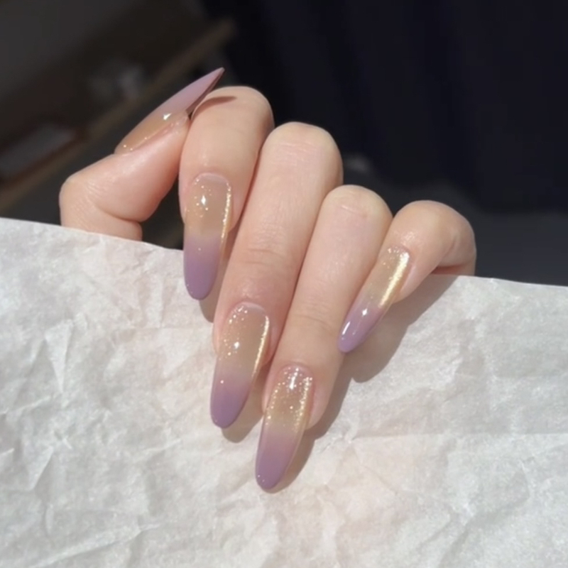 【Purple Fortune】Handmade Wearable Nails Gentle Fairy Purple Gradient Golden Cat Eye Brightening Manicure Elegant
