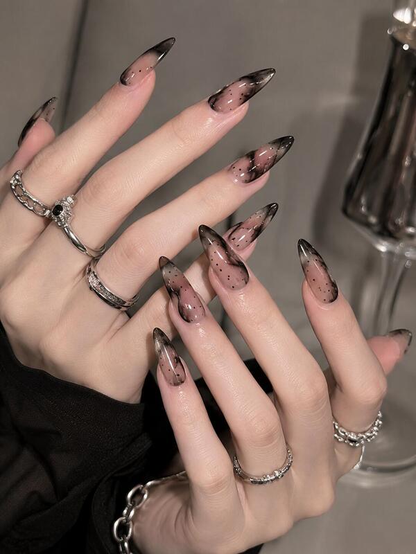 Dark Style Handmade Wearable Nails, Medium-Length Manicure with a High-End Feel, ins Gothic Style Polka Dot Black Gradient Hot Girl