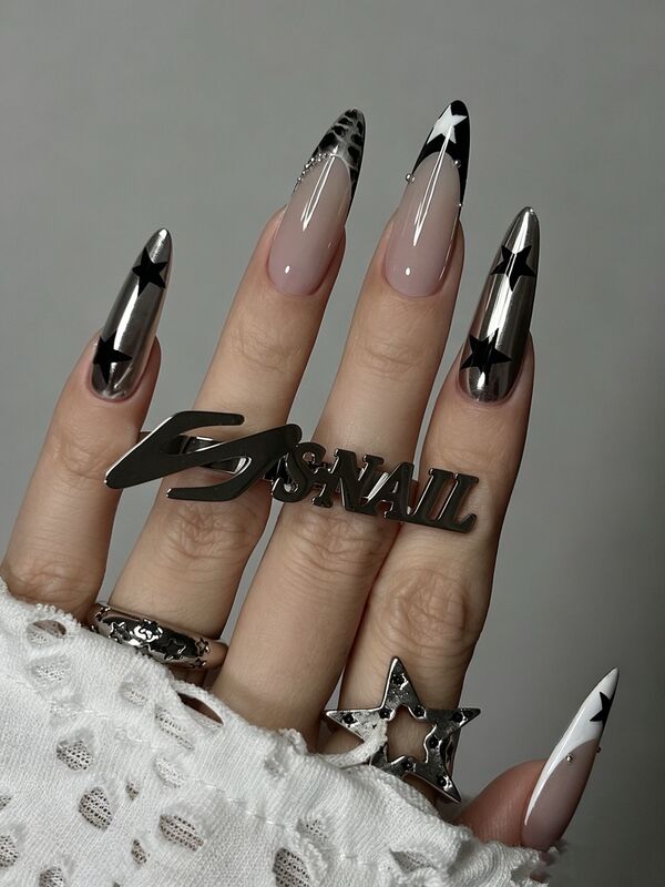 Purely Handmade Wearable Nails, Medium-Length French Style Star Nail Art, Sexy European and American Style, High-End Leopard Print Star Metallic Feel