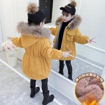Winter new girls plus velvet padded cotton-padded children's long waist cotton-padded jacket padded hooded coat fur collar