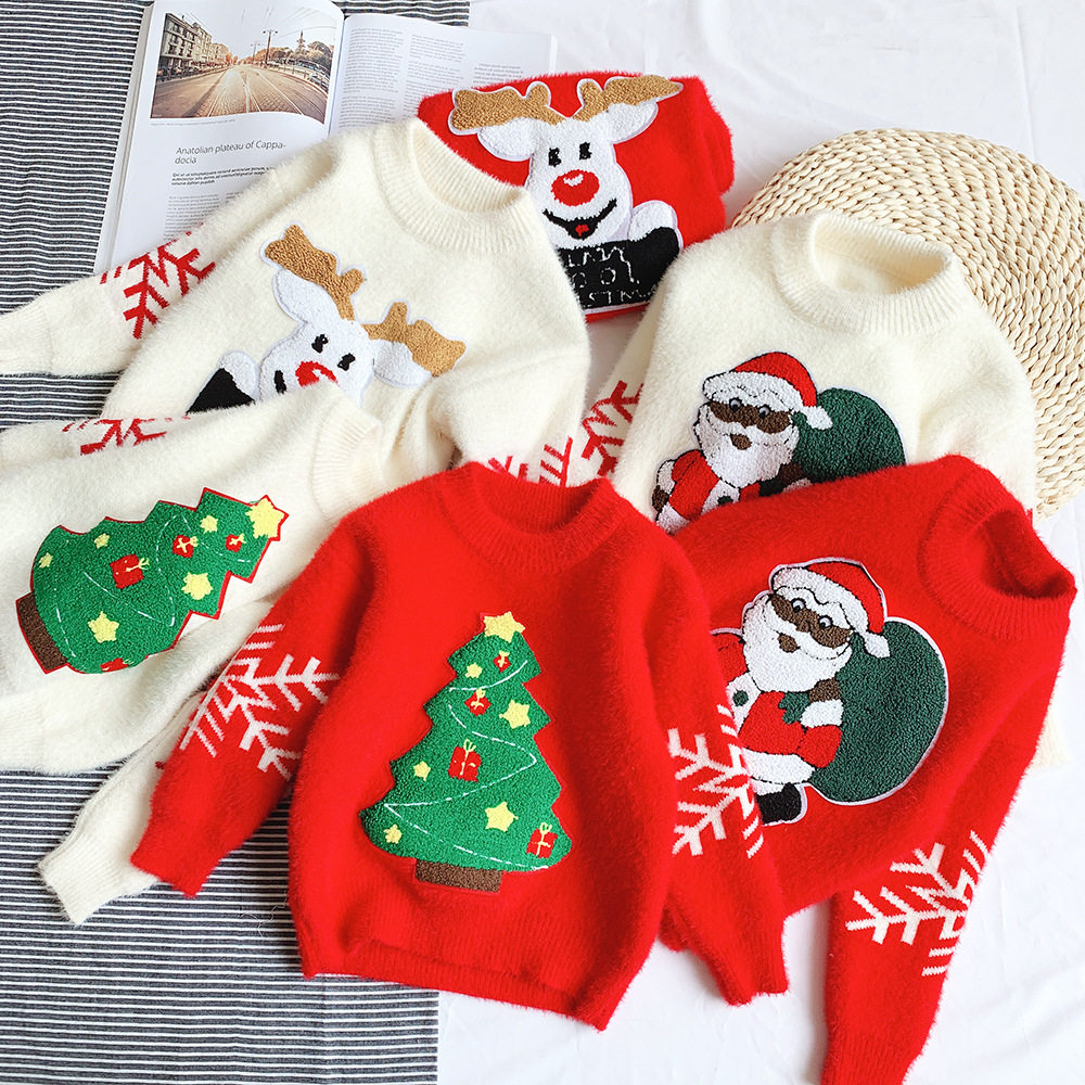 Men's and women's Children's Christmas Tree Christmas sweater Mink sweater Red New Year's clothing Pullover