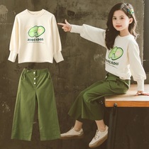 Girls spring suit 2021 new foreign style Korean version of large children's avocado cotton vests wide leg pants two-piece set
