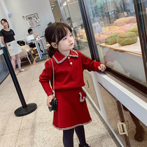 Girls Thickened Core-spun Yarn Knitted Red Suit Fashion Children's New Year Wear Lapel Sweater Skirt Suit