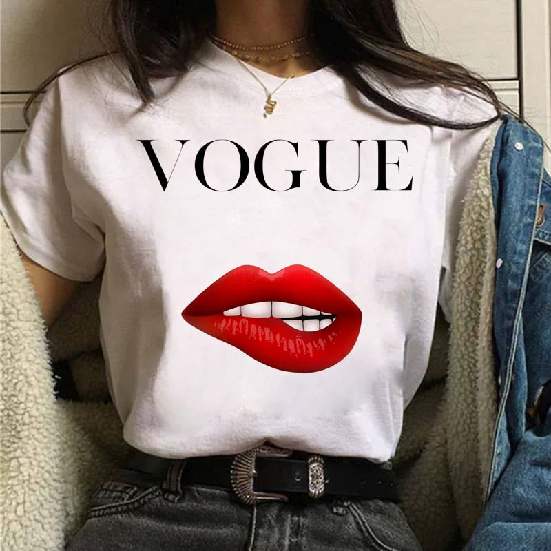 [Vogue Lip T Shirt Женская футболка с ярким принтом губ]