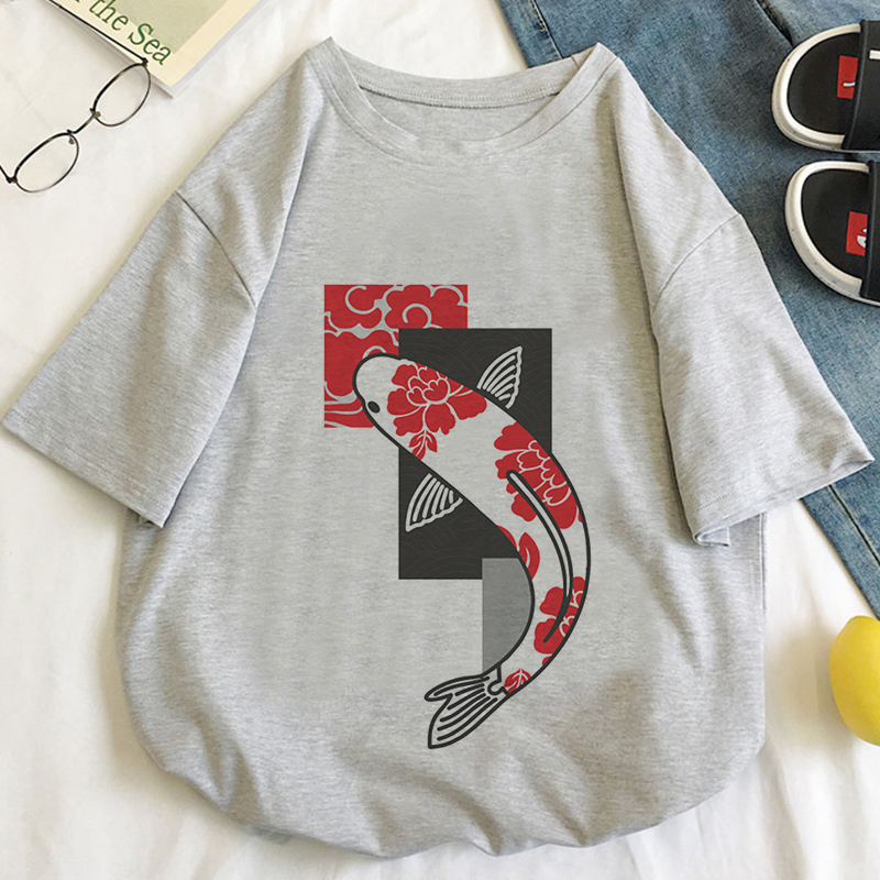 Japan Koi Fish T-Shirt Summer Hot Sale Japanese Koi Print Casual Unisex Couple T-Shirt