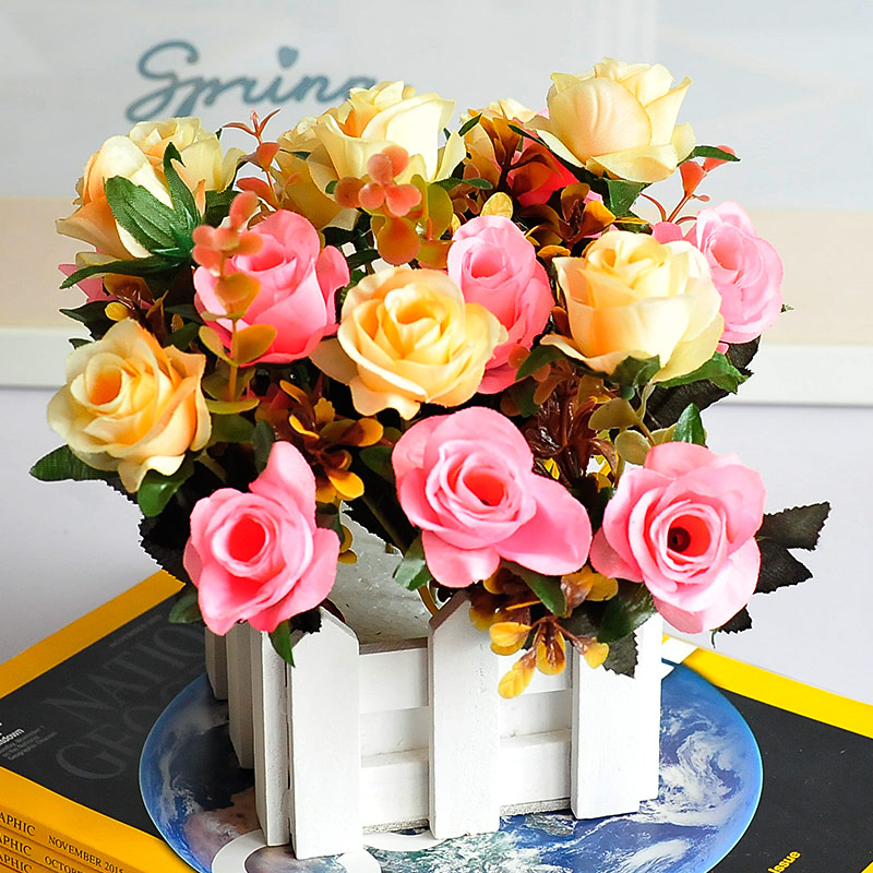 Rose solid wood fence flower simulation flower suit Fake flower silk flower Living room decoration ornament Floral interior decoration