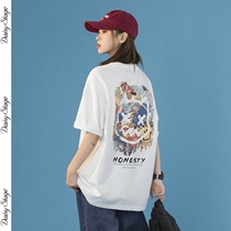 Day Series Tidal color painted printed short sleeves T-shirt woman 2022 spring summer white loose pure cotton round collar creative body shirt
