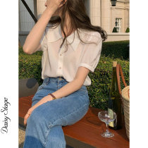 Day Department 2022 Summer New Overturning Snow Spinning Apricot Pink Shirt Woman Temperament Blister Pocket Pearl Buttoned High-end Blouse