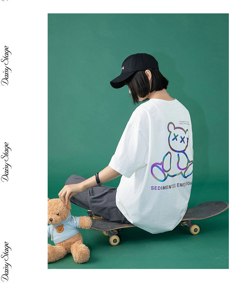 Japanese couple T-shirt women loose colorful bear reflective short-sleeved T-shirt 2022 spring and summer new street hipster