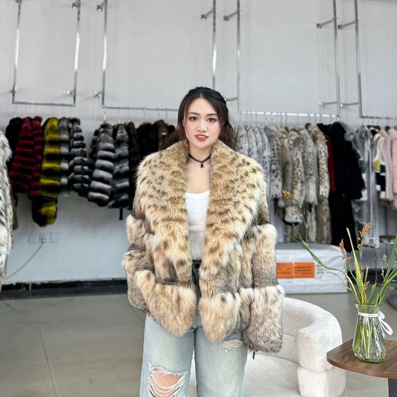 2023 Ximumingqiu Mountain Cat Horizontal Green Collar Fashionable and Elegant Fur Coat Fur Jacket