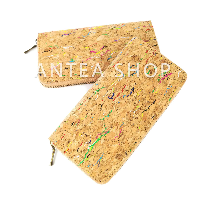 Women's Wallet with Card Slots, Printed, Fashionable, Cork and Kraft Paper, Clasp, Multifunctional Long Wallet, Natural, Eco-Friendly, Colorful Dots, Unique