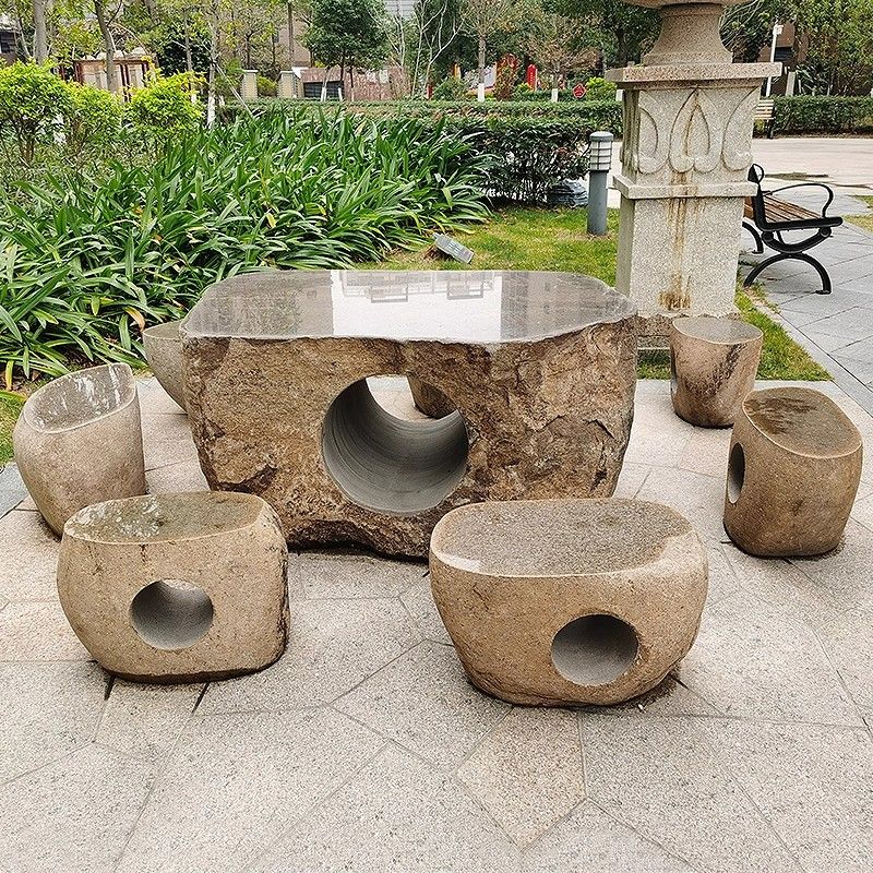 Whole Stone Pebble Stone Table Villa Outdoor Courtyard Park Stone Table and Bench Garden Natural Irregular Stone Ornaments