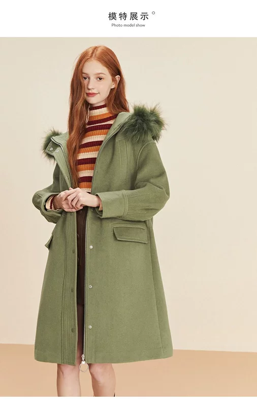 Áo khoác nữ 2019 mùa đông trùm đầu giữa áo khoác dài hai màu len quân đội áo khoác màu xanh lá cây giản dị C1AA84602 - Áo len lót đôi