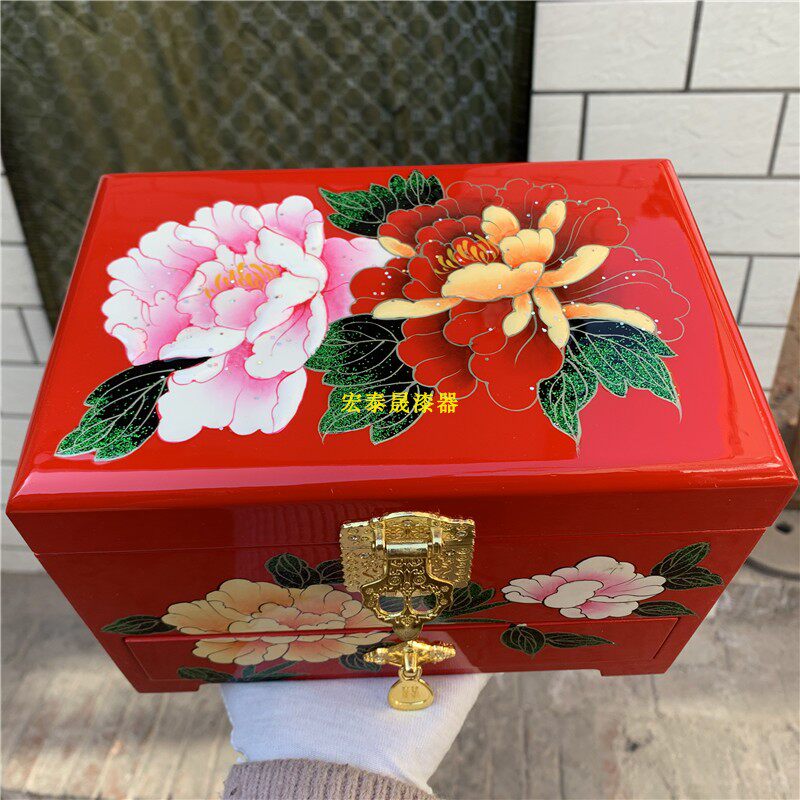 Shanxi Pingyao Push Light Lacquer Ware Jewelry Box Drawer Jewelry Box Festive Red Rich Peony Centennial Good Match Gift