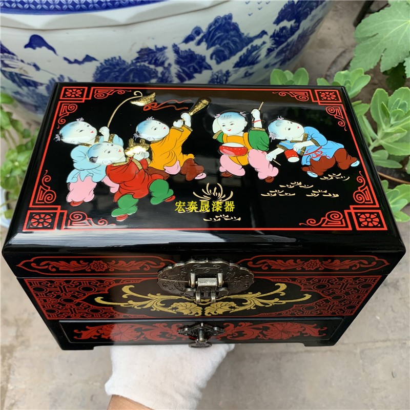 Shanxi Pingyao Lacquerware Jewelry Box Large Capacity Wooden Hand-painted Crafts Storage Box Wedding Gift