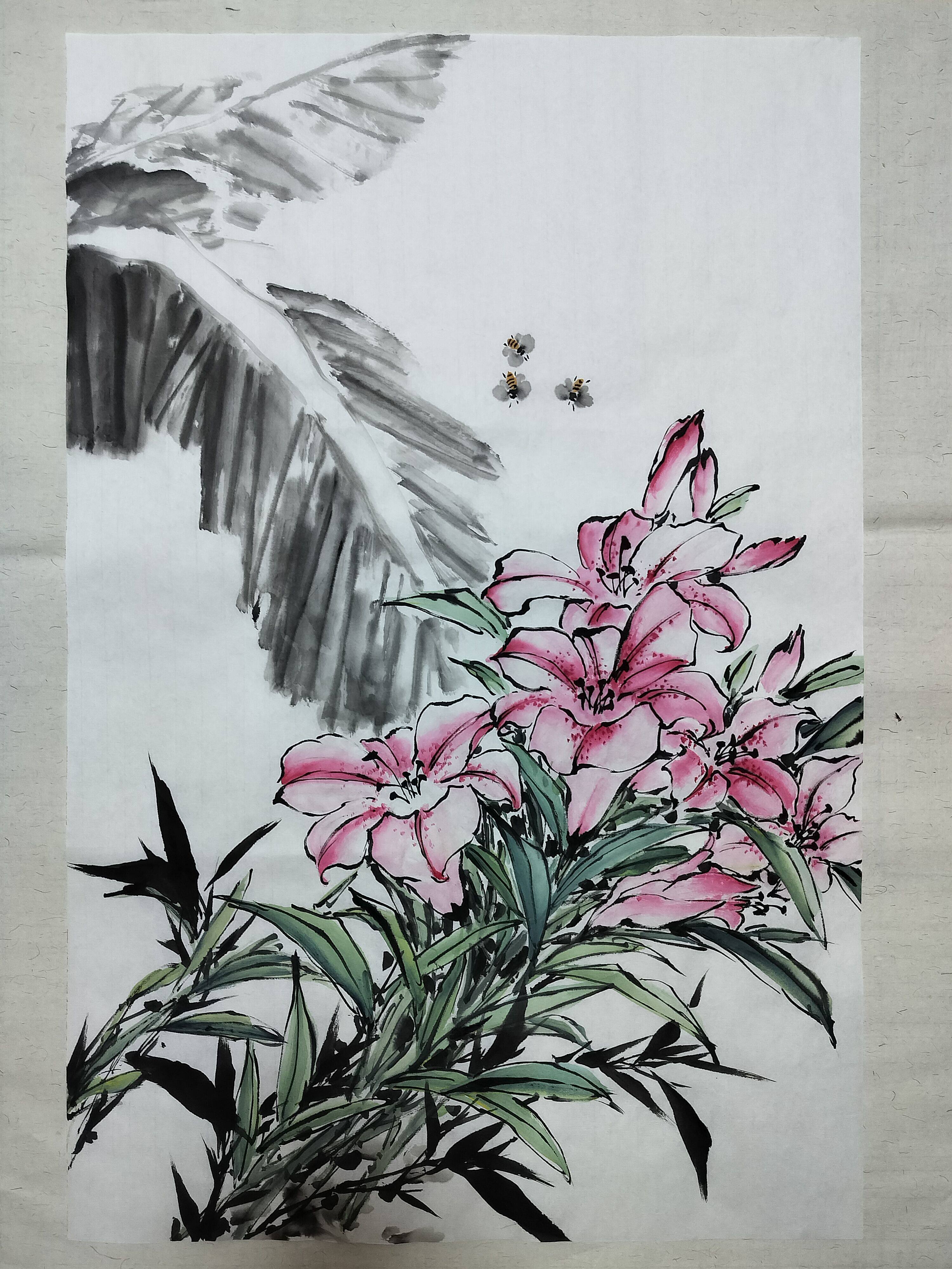 国画写意花鸟纯手绘水墨画紫藤花凌霄花宣纸画芯无款无框四尺三开-淘宝