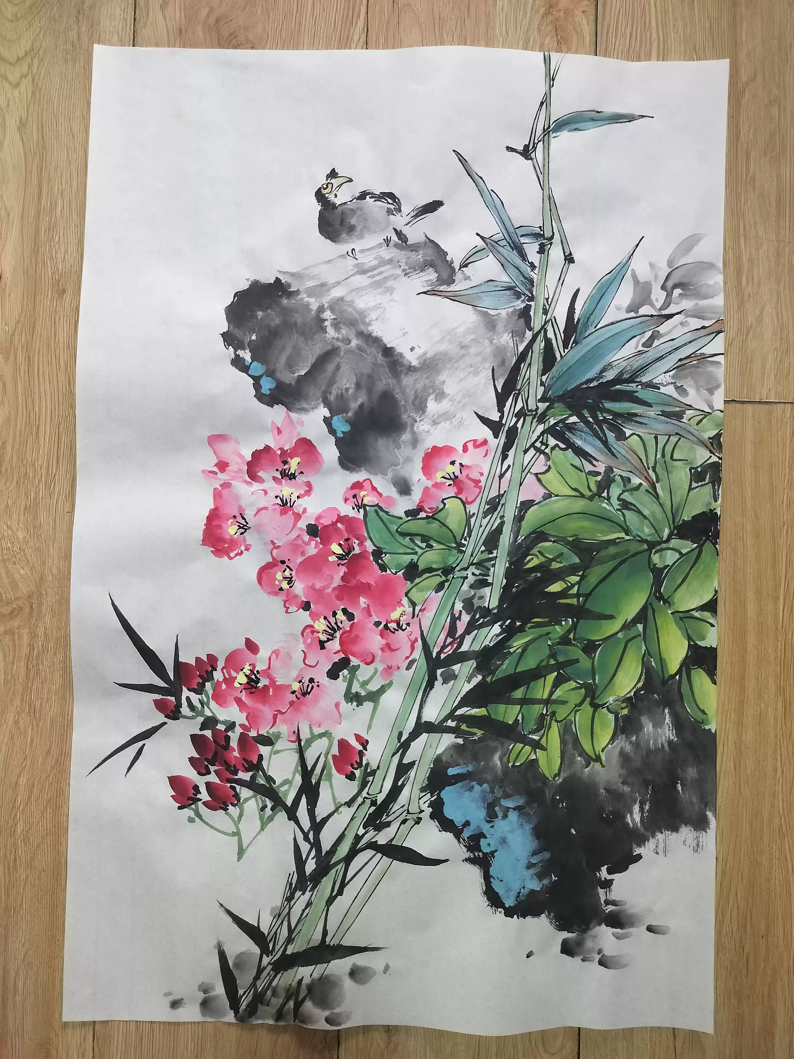 国画写意花鸟纯手绘水墨画紫藤花凌霄花宣纸画芯无款无框四尺三开-淘宝