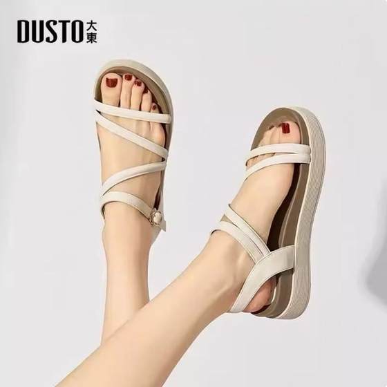大东绑带凉鞋24夏季新款罗马风平底中跟一字扣圆头厚底鞋24X3553