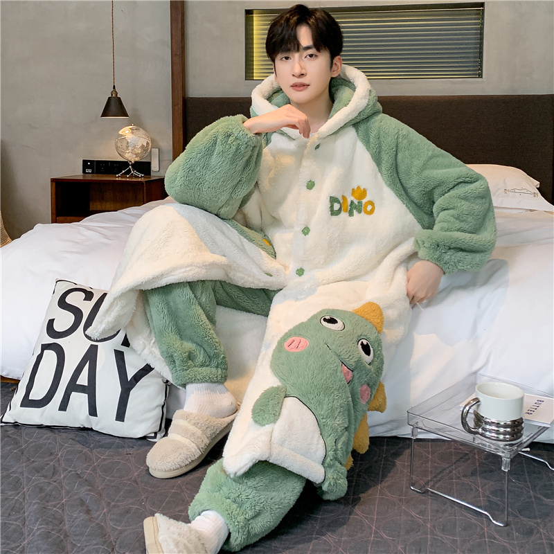 Men's Winter 2025 New Coral Fleece Thickened and Plush Oversized Men's Pajamas Cartoon Long Style Loungewear