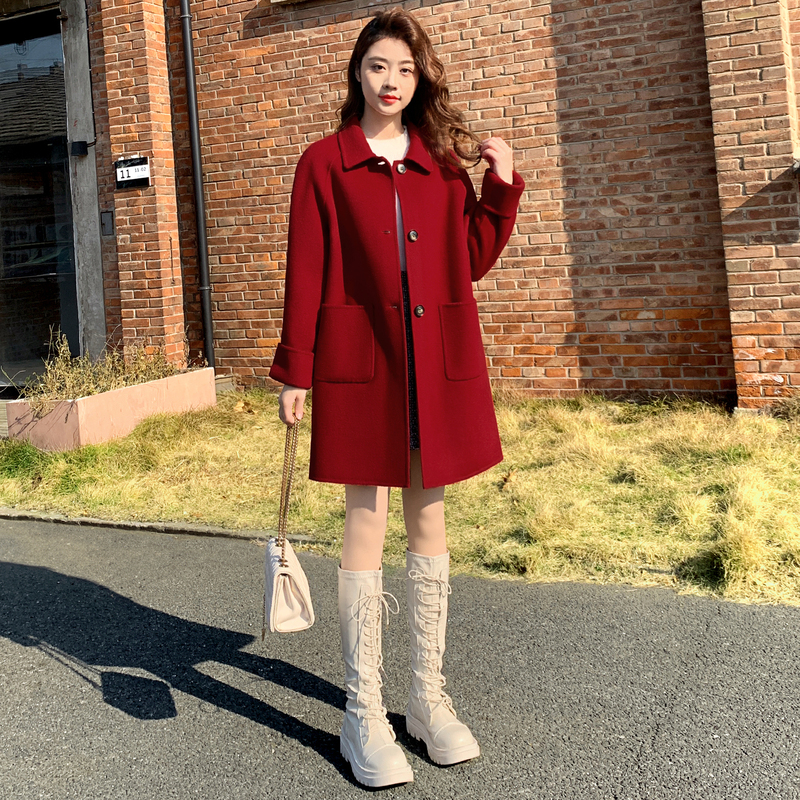 Double-Sided Wool Coat for Petite Women, Mid-Length, 2025 New Style, Red Woolen Wedding and New Year Woolen Coat