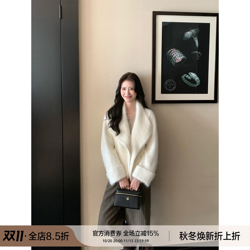 Tomwini Faux Fur Cashmere Angora Rabbit Fur Fleece Coat with Convertible Lapel/Cowl Collar