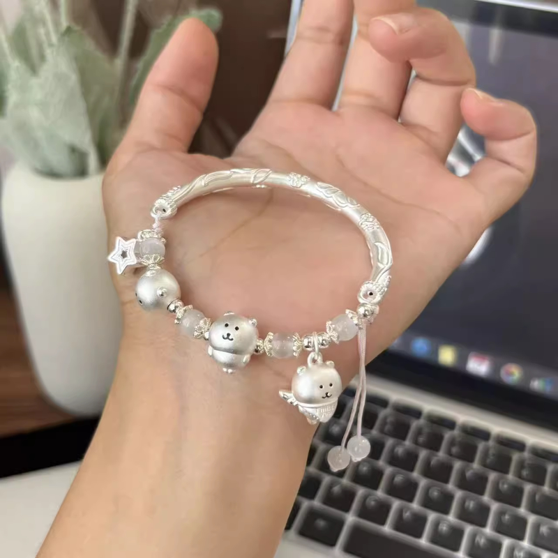 999 Pure Silver Painted Self-Deprecating Bear Half Bracelet Braided Rope Sterling Silver Bracelet Relaxed Style Wish Bracelet Gift for Best Friend or Girlfriend