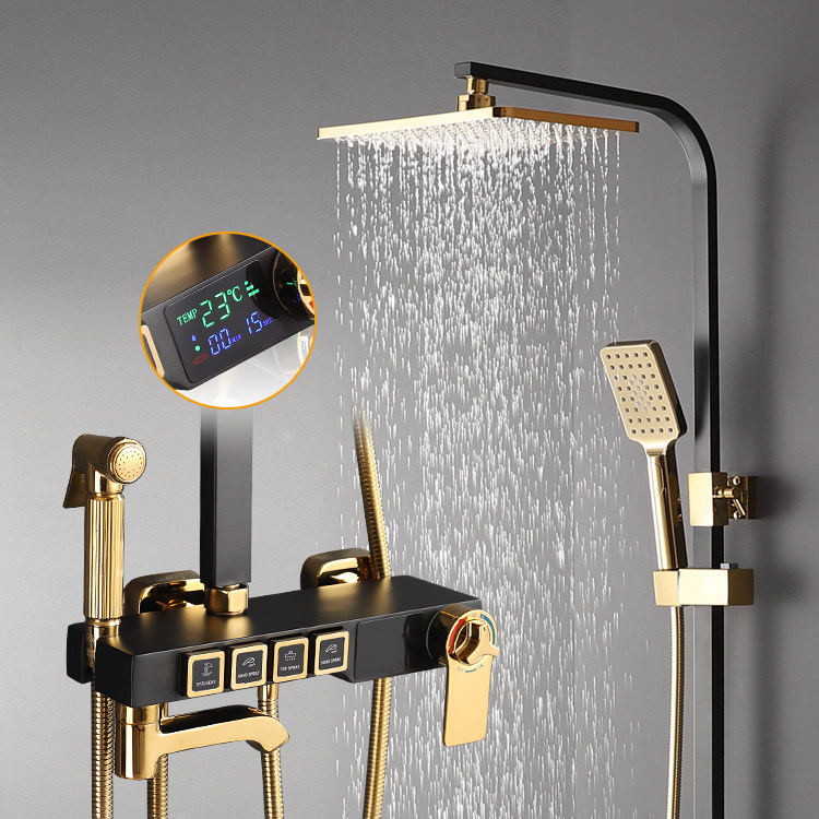 Constant temperature black button number display LCD screen gold shower household pressurized shower head All copper faucet shower
