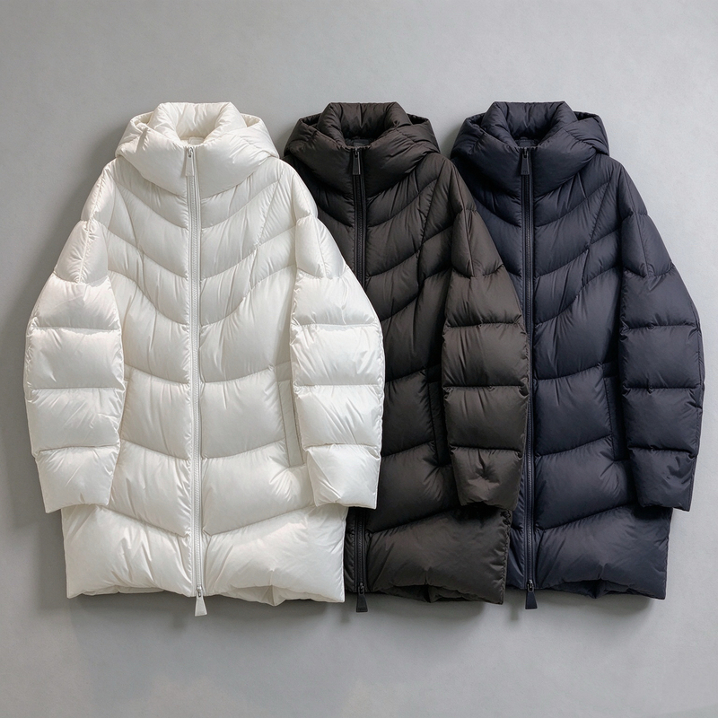 Hooded down Jacket with Visible Pockets, Thickened Puff Style, Mid-Length, Ultra-Light, 90% Goose Down, Model 9950, Length 86