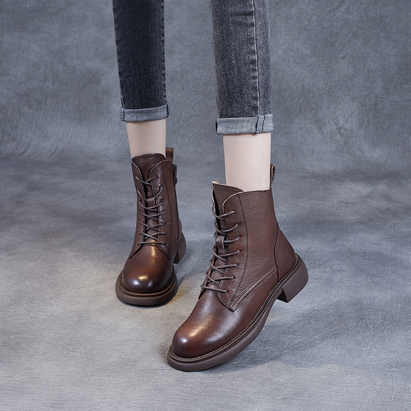 Genuine Leather Martin Boots for Women, New Autumn and Winter Style, Retro British Style, Round Toe, Side Zipper, Soft Leather, Flat Sole, Fleece-Lined, Versatile Short Boots Genuine Leather Martin Boots for Women, New Autumn and Winter Style, Retro British Style, Round Toe, Side Zipper, Soft Leather, Flat Sole, Fleece-Lined, Versatile Short Boots