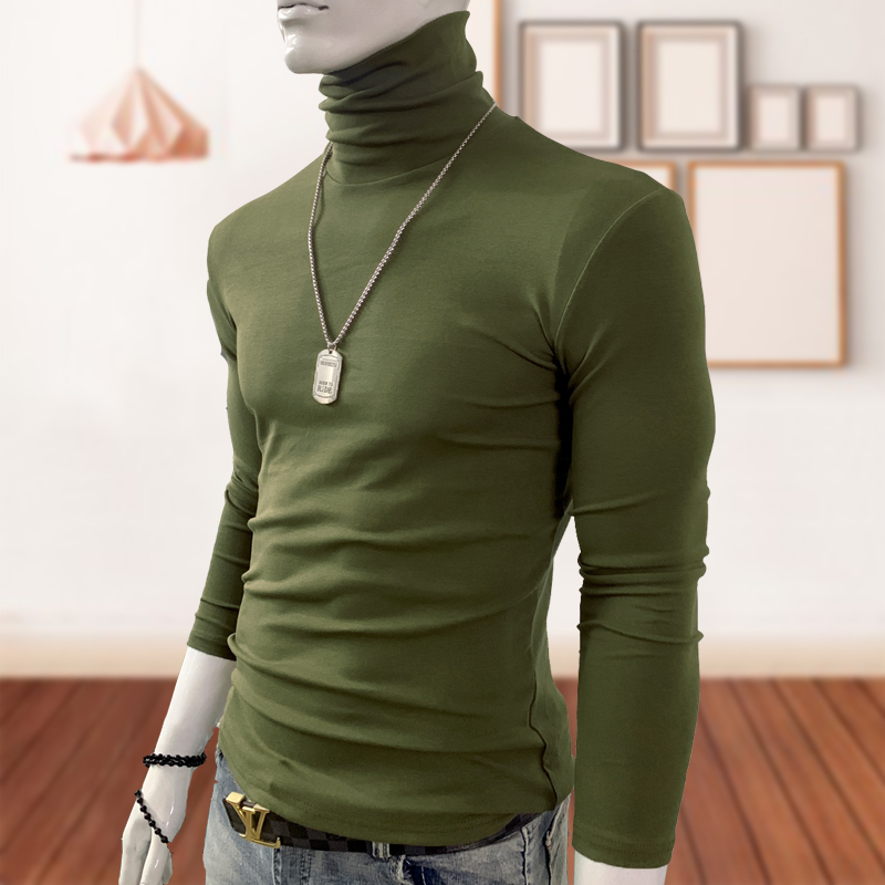 Autumn and Winter Men's Turtleneck Base Shirt, Pure Cotton, Versatile, Trendy, Slim-Fit, Long-Sleeve T-Shirt, Stretchy, Solid Color