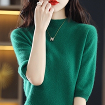 Semi-high collar wool knit short sleeve woman 50% sleeves 2022 spring new short hair sweater cashmere jersey half sleeve