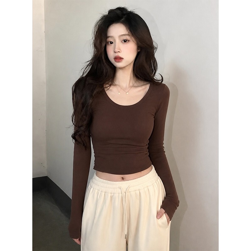 Melard Coffee-Colored Brushed Long-Sleeve T-Shirt for Women, Autumn and Winter Cropped Slim-Fit Base Shirt, Thickened Inner Layer Top Melard Coffee-Colored Brushed Long-Sleeve T-Shirt for Women, Autumn and Winter Cropped Slim-Fit Base Shirt, Thickened Inner Layer Top