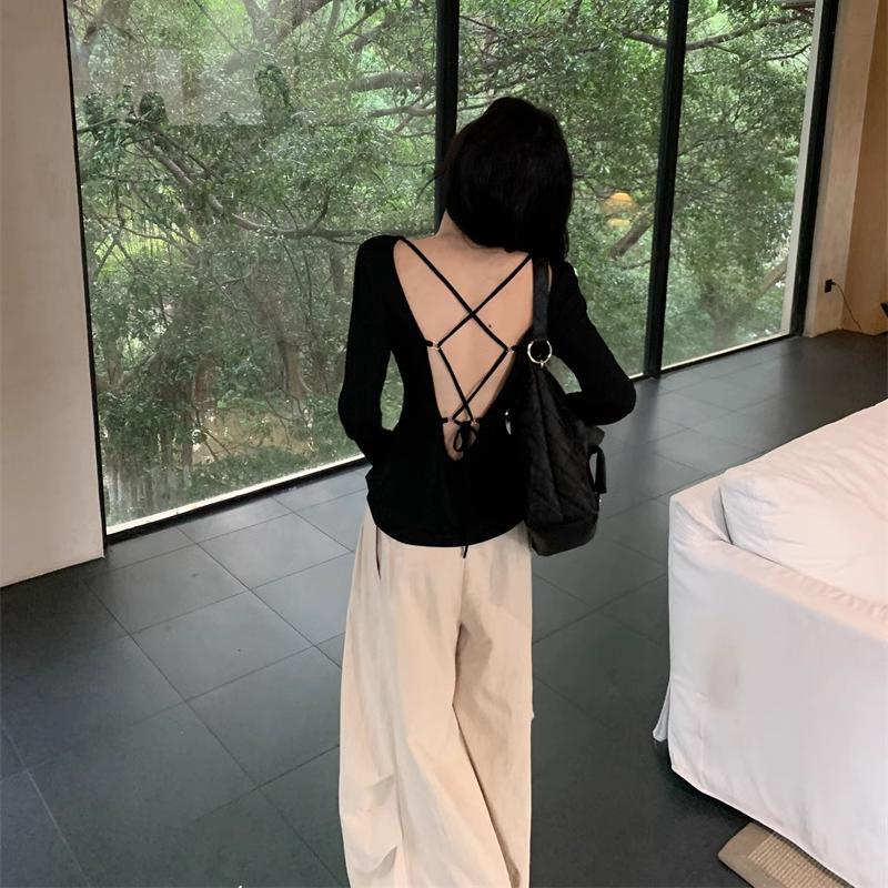 American-Style Cool and Spicy Backless Lace-Up Beach Sexy Long-Sleeve T-Shirt for Women, Spring and Summer Hot Girl Top with Stunning Back Design