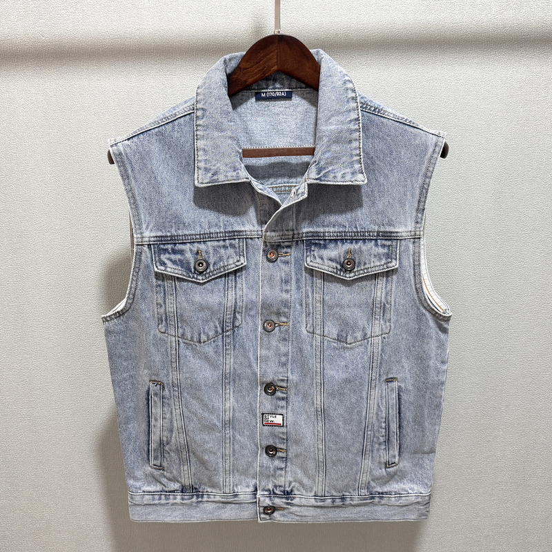 American Casual Washed Light Blue Denim Vest for Men, Spring and Autumn Trendy Student Versatile Loose Sleeveless Jacket